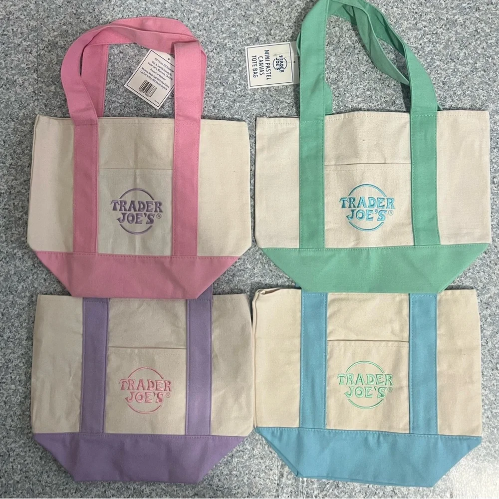 Trader Joe’s Mini Pastel Canvas Tote Bag Set Of 4 NWT Blue Green Pink Purple